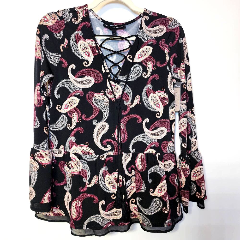 White House Black Market Long Flare Sleeve Top - Paisley Print Sz XS